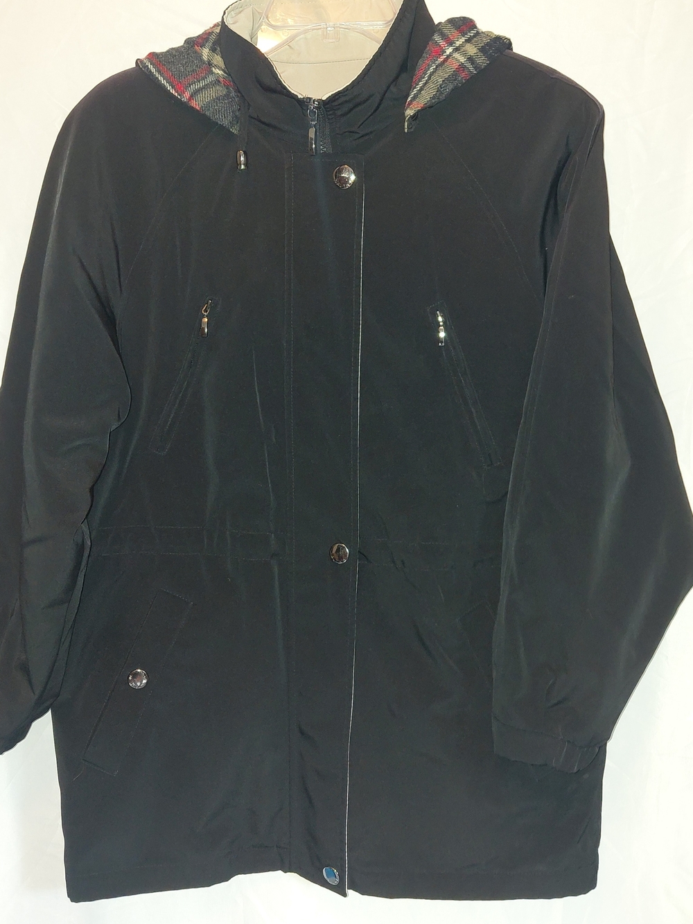 Nautica Black Hooded Coat with Plaid-Lined Hood #2617